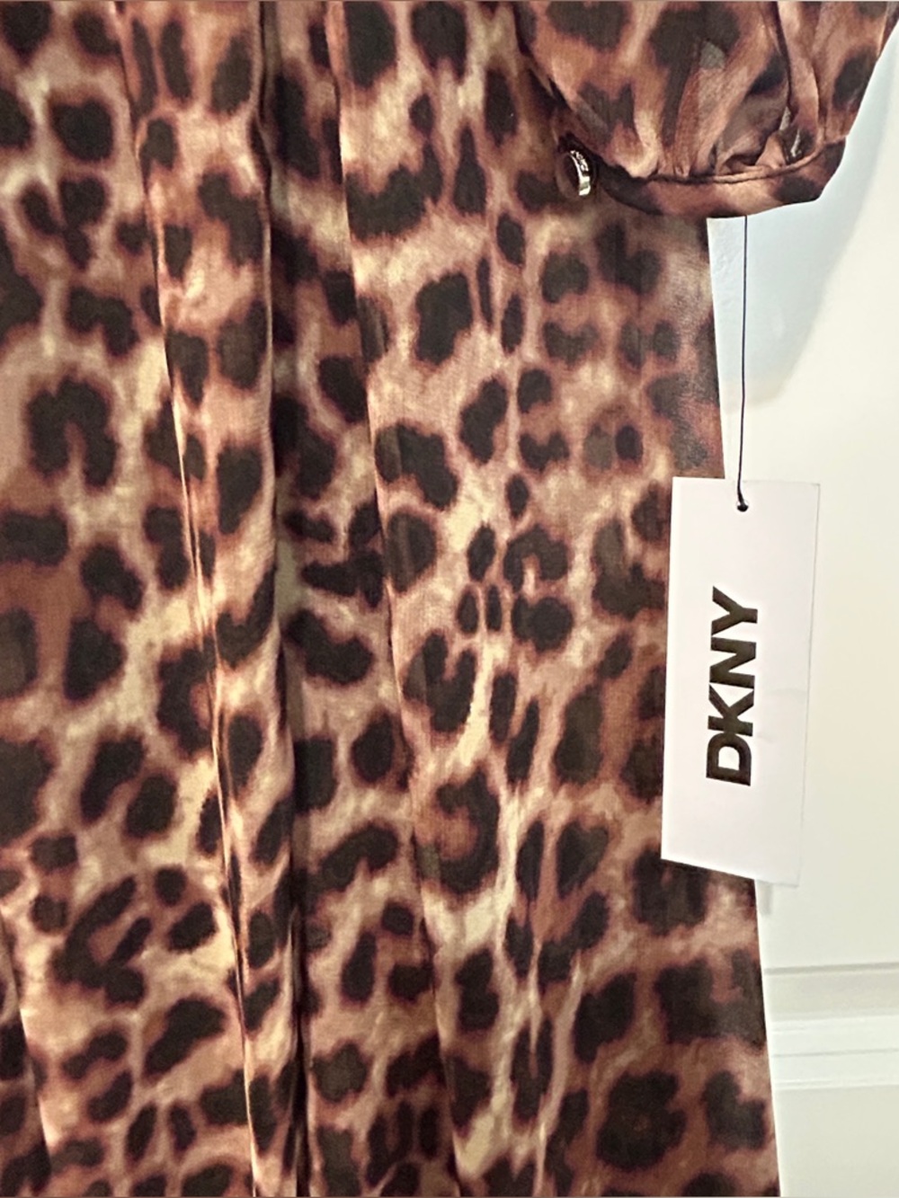 DKNY Chiffon Leopard Print Blouson Sleeve Empire Waist Dress - Picture 12 of 16